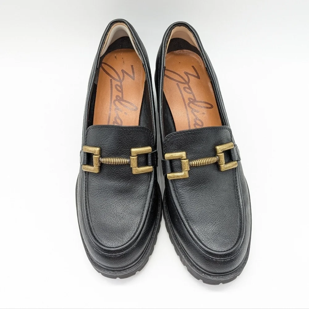 Zodiac Gemma Black Leather Gold Buckle Lug Sole Wedge Heel Loafer 10